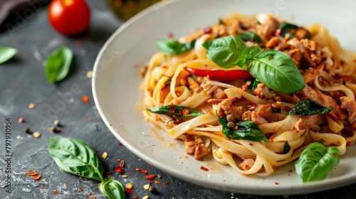 Stir fried trivelle pasta with Canned tuna fish and crispy basil leaves in white plate Spicy pasta Pad Kra Pao.Thai fusion food