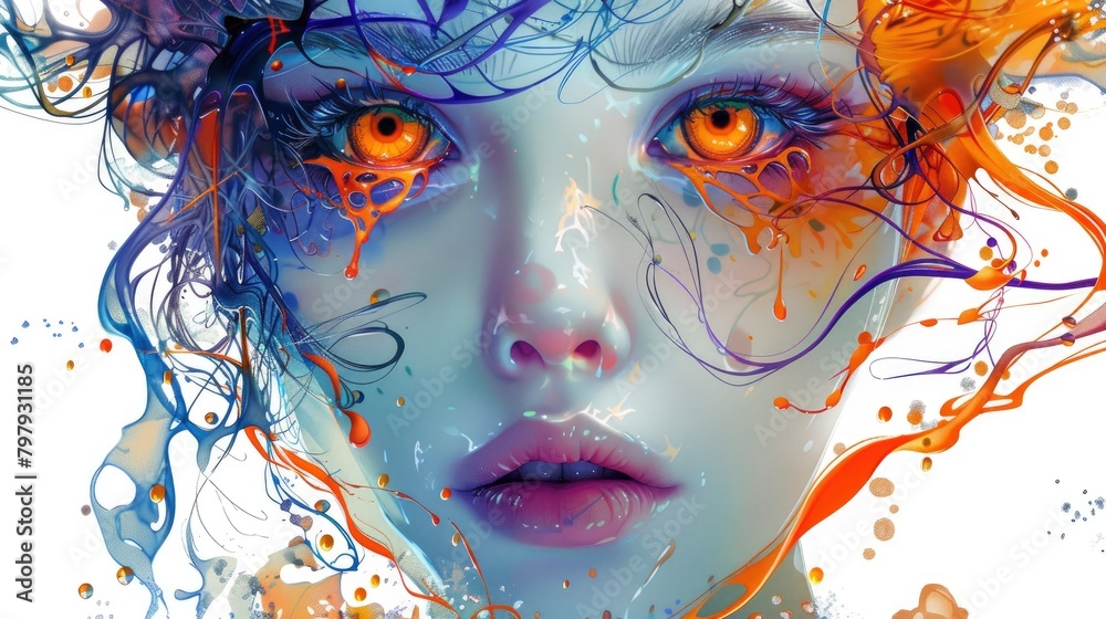 A beautiful woman with eyes like fire, hair made of water and liquid colors splattered on her face. A mysterious girl in the style of anime, with detailed facial features and expressive emotions