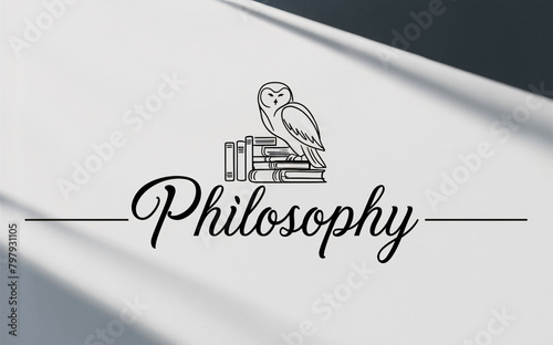Illustration of the word philosophy with an owl sitting on books photo