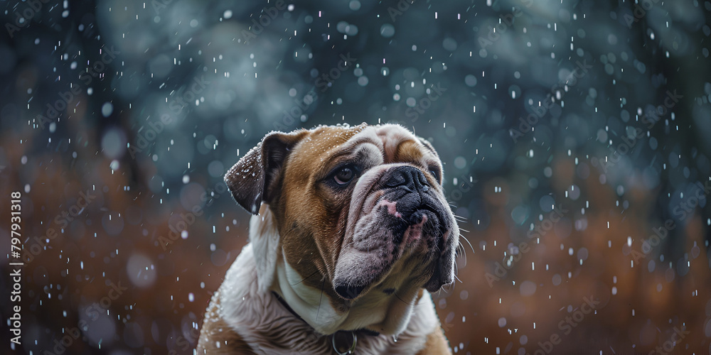 Bulldog adult English bulldog in the rain with dark background