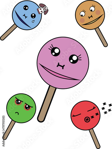 Blue, brow, pink, green, red color round lollipop candies with eyes, noses, lashes, lips and mouths on wooden sticks front view kids painting style isolated on white vector illustration