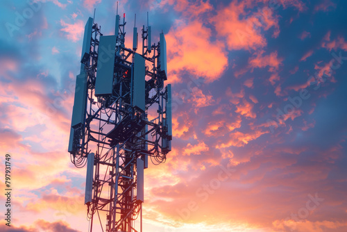 Cell tower against pink sunset sky