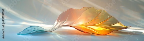 A 3d rendering of a glass leaf with a blue and yellow gradient, sitting on a reflective surface. photo
