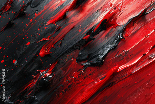 An intense abstract piece with bold vector strokes slashing across the canvas in red and black, photo