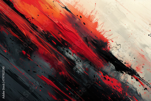 An intense abstract piece with bold vector strokes slashing across the canvas in red and black, photo