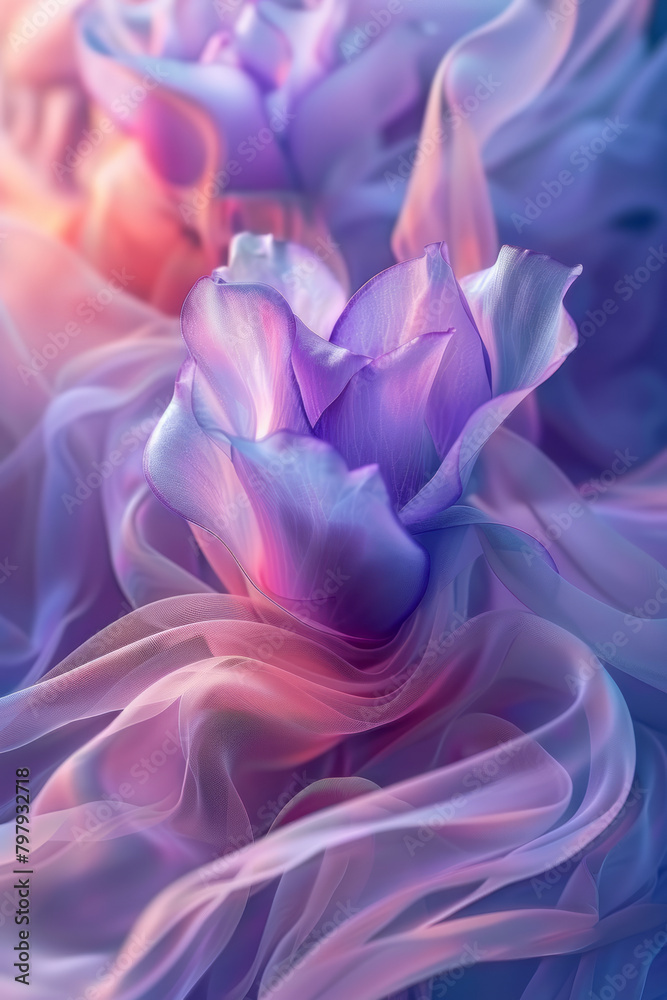 A serene abstract composition using soft, undulating vector lines in a gradient from purple to blue,
