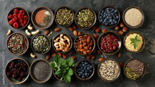 Superfoods Assortment on Dark grey Surface, Variety of healthy superfoods, nuts, seeds, fruits, and greens