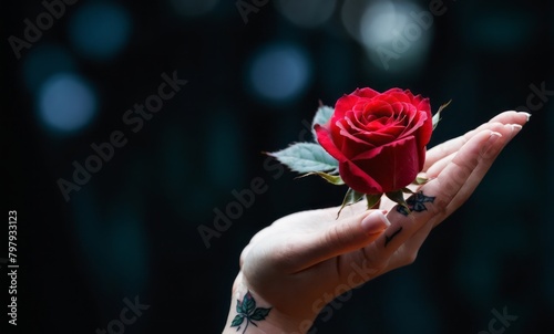 A woman's hand holding a beautiful rose in a dark background with copy space. 