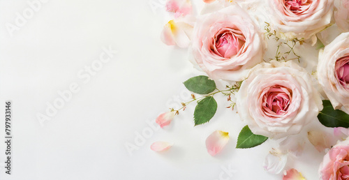 Beautiful bouquet with white and pink roses and petals  top view. Vintage background with flower bouquet and empty space for text. Generative AI