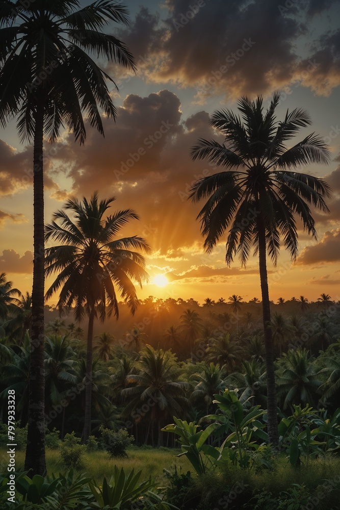 Coconut palm trees at sunset 