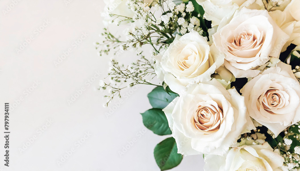 Beautiful bouquet with white and pink roses and petals, top view. Vintage background with flower bouquet and empty space for text. Generative AI Beautiful bouquet with white and pink roses and petals, top view. Vintage background with flower bouquet and empty space for text. Generative AI