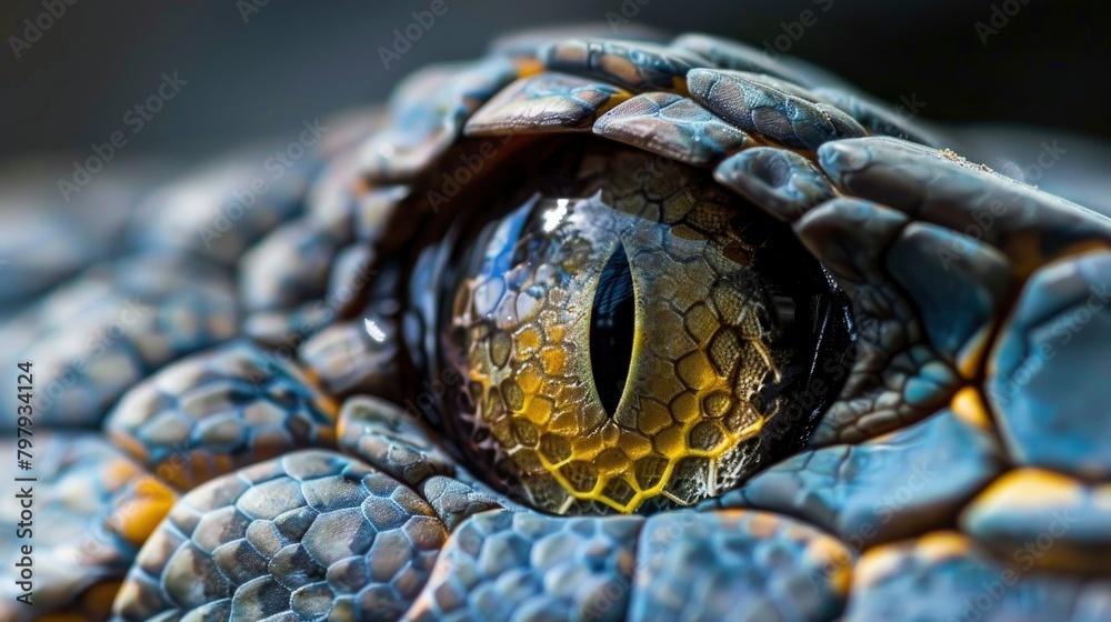 Naklejka premium A close up of an eye made from blue honeycomb, the iris is yellow and it has a black pupil, the background color is dark grey with light gray accents, the structure on which the eyes stand