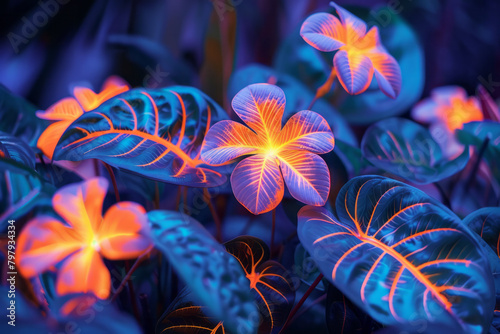 A neon botanical garden scene, with exotic plants outlined in fluorescent colors, photo