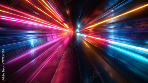 A colorful, neon lighted image of a train with a bright blue stripe