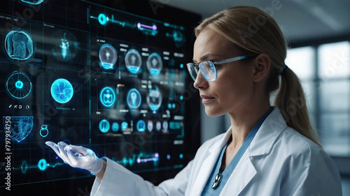 Medicine doctor touching electronic medical record on tablet. DNA. Digital healthcare and network connection on hologram modern virtual screen interface, medical technology and network concept photo