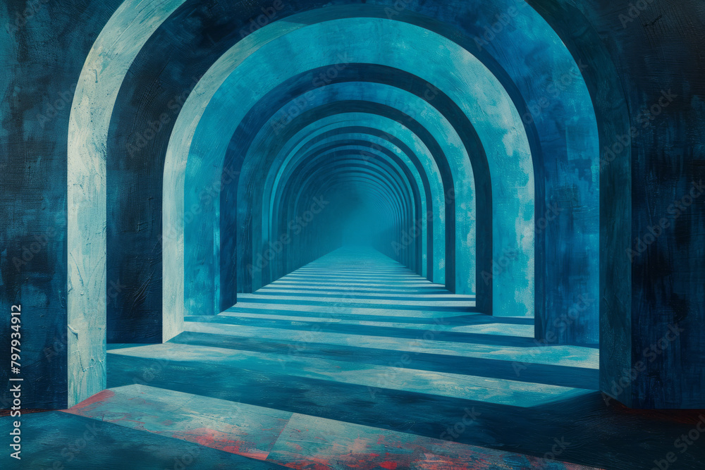 An artwork with vertical stripes that twist and turn into a kaleidoscopic tunnel of blues and greens, An artwork with vertical stripes that twist and turn into a kaleidoscopic tunnel of blues and greens,