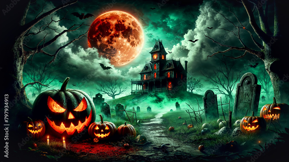 Halloween pumpkins, spooky graveyard, scary house on hill, blood moon and bats in sky.