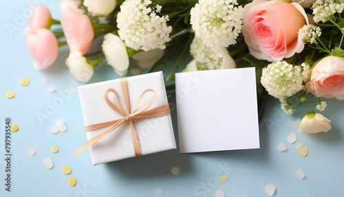 A gift box, flowers, and a greeting card on a light table with soft lighting and pastel colors in the background