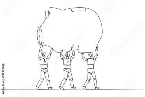 Single continuous line drawing group of robots work together carrying a piggy bank. Reminding the importance of investment. Not wasteful. Future technology concept. One line design vector illustration