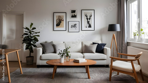Round wood coffee table against white sofa. Scandinavian home interior design of modern living room. © AL AMIN