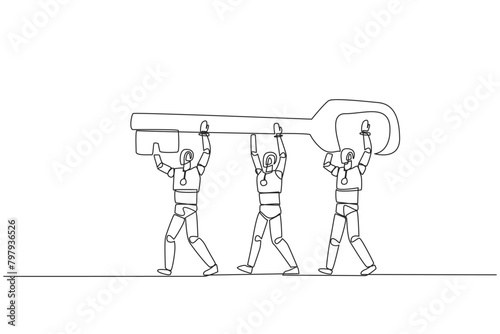 Continuous one line drawing group of robots work together carrying the key. Artificial intelligence is able to find out the password to open access. Tech. Single line draw design vector illustration