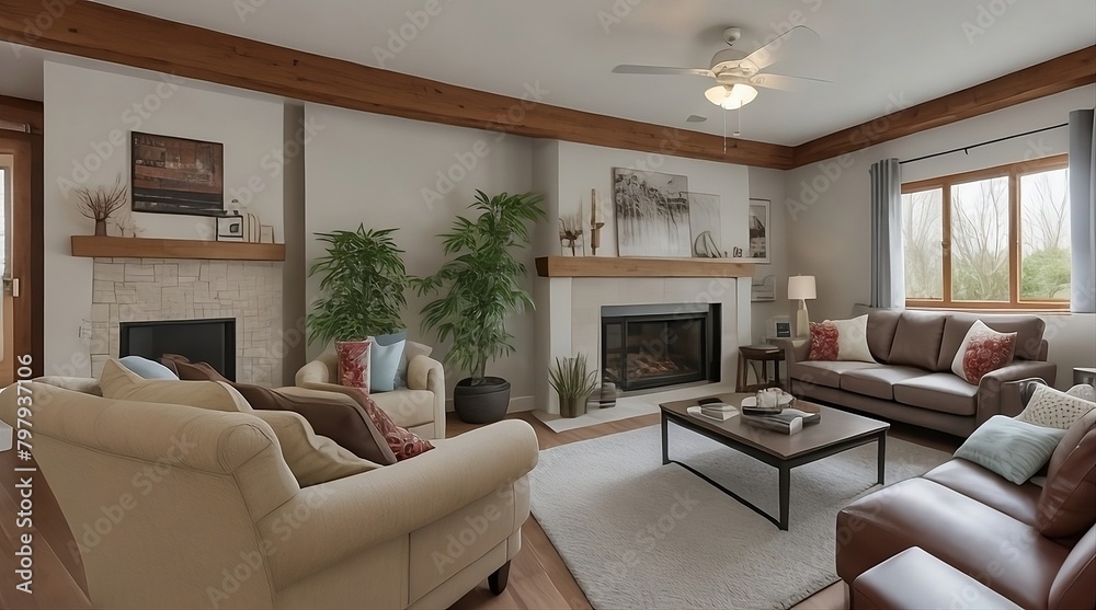 Fototapeta premium Interior of modern living room with white walls, wooden floor, comfortable sofa, coffee table and bookcase
