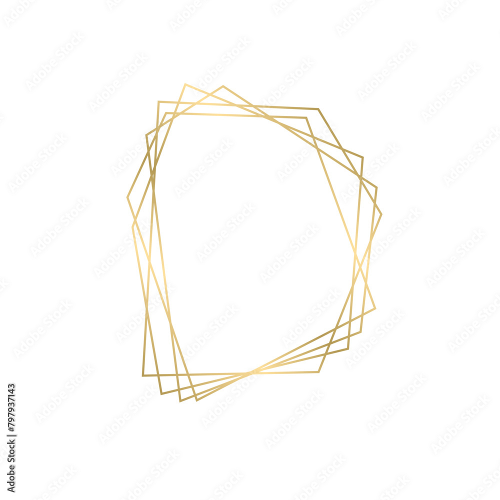 PNG, Geometrical polyhedron, art deco style for wedding invitation decoration. Realistic 3d golden polygonal frames thin line. Gold collection of geometric frame. Decorative lines borders. Vector.
