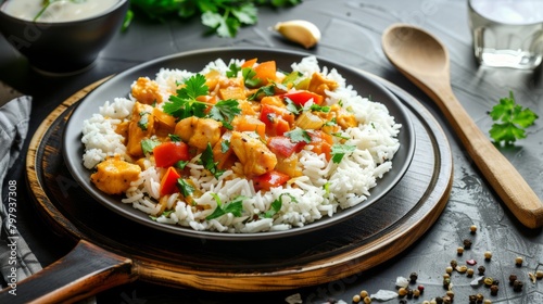 White rice with chicken and vegetables and curry sauce. Indian dish with vegetables and chicken on a black plate on a wooden kitchen board with a wooden spoon and fork.