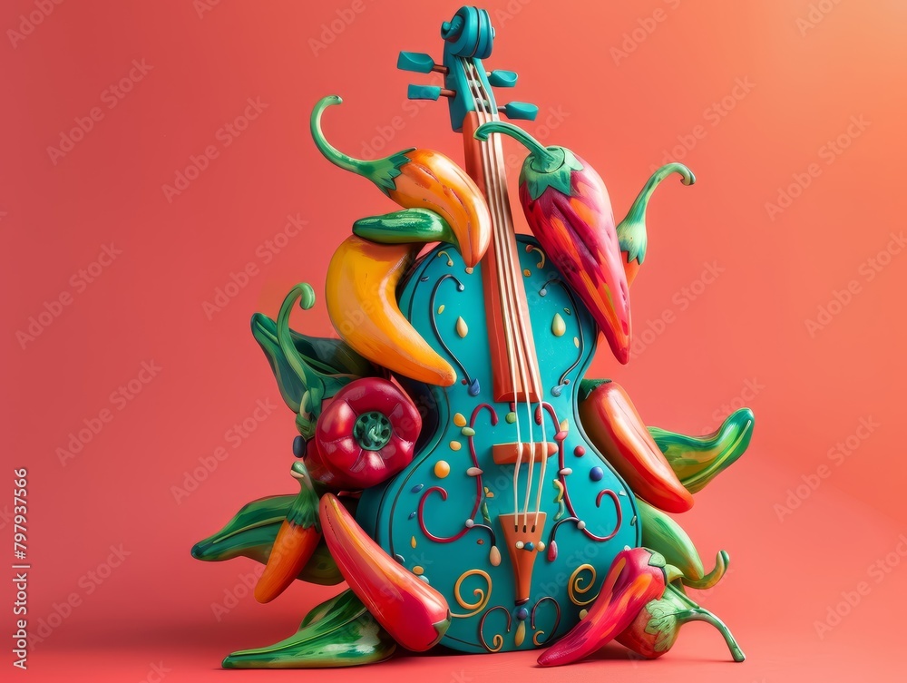 A blue violin with red, yellow, orange, and green chili peppers growing out of it.
