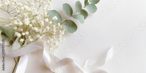 Beautiful Mock up composition of top view of gypsophila and eucalyptus. Mockup background with flower bouquet, blooming plants and empty space for text. Generative AI.