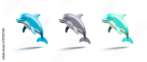 Set of colorful 3D funny dolphins. Friendly  smart dolphins on a white background for design concepts. Realistic image. Vector