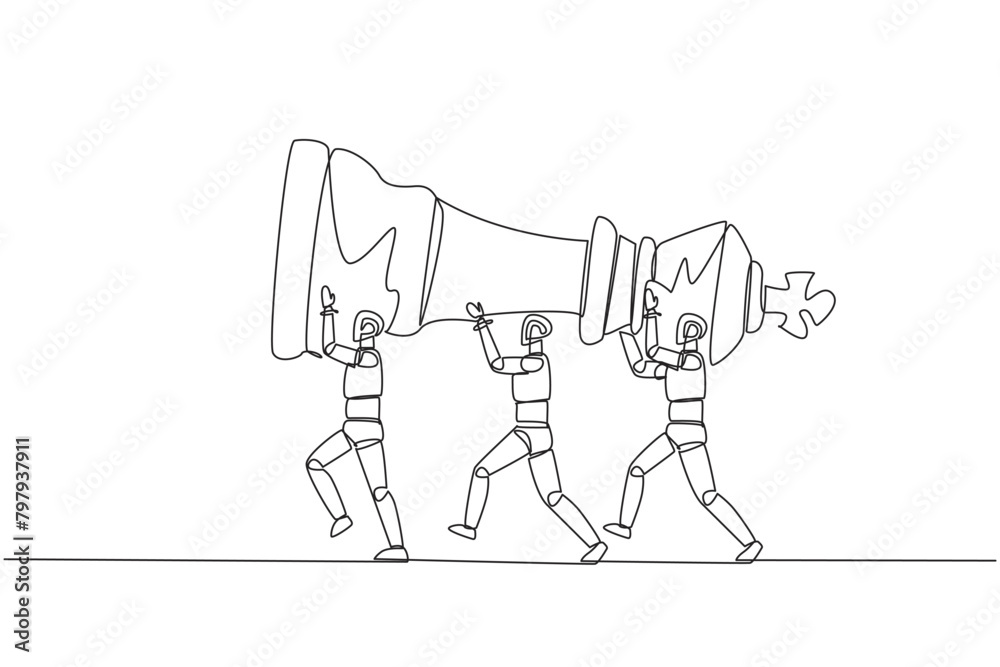 Fototapeta premium Continuous one line drawing group of robots work together carrying the king's chess pieces. Artificial intelligence is able to design strategy. Technology. Single line draw design vector illustration