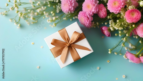 A gift box, bouquet of flowers, and a greeting card on a light-colored table with a soft and airy background