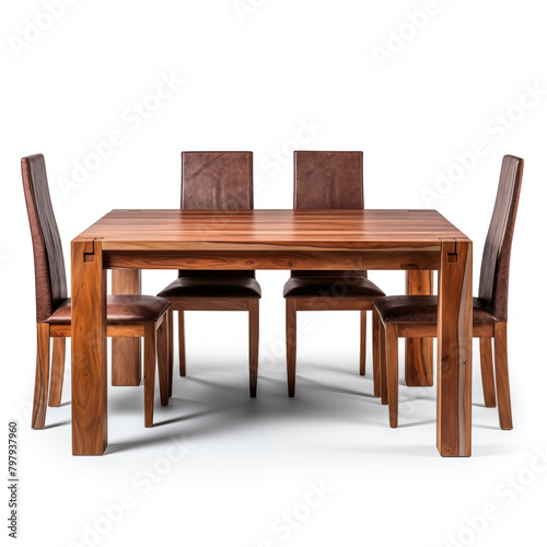 A set of four chairs and a wooden table made of natural materials The furniture is isolated on a white background photo