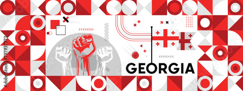  Flag and map of Georgia with raised fists. National day or Independence day design for Counrty celebration. Modern retro design with abstract icons. Vector illustration. photo