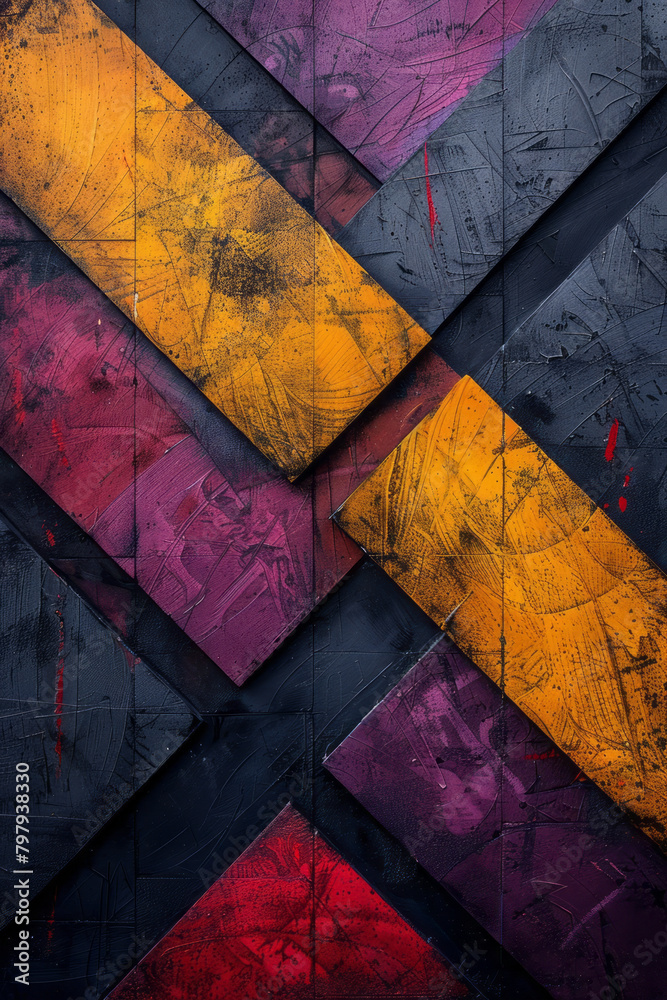 A bold pattern with thick neon yellow and purple stripes intersecting at sharp angles on a dark canvas, A bold pattern with thick neon yellow and purple stripes intersecting at sharp angles on a dark canvas,