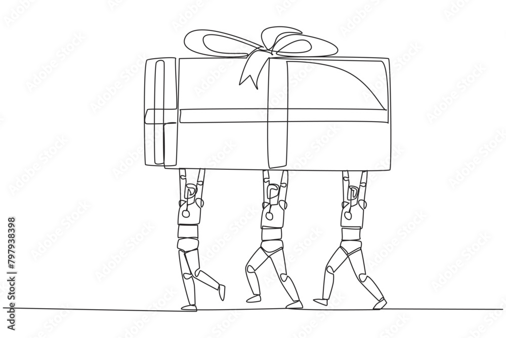 Continuous one line drawing group of robots work together to carrying gift box. The smartest robot. Successful artificial intelligence. Present. Technology. Single line draw design vector illustration