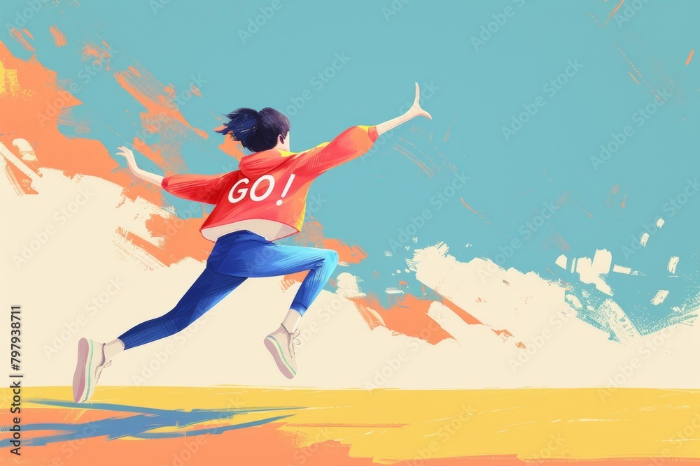 Illustration of a person sprinting energetically with the word 