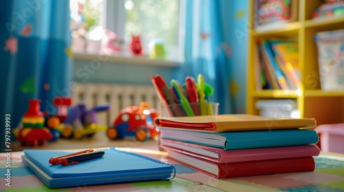 Closeup of nicely arranged notebooks, books and toys on a child's table