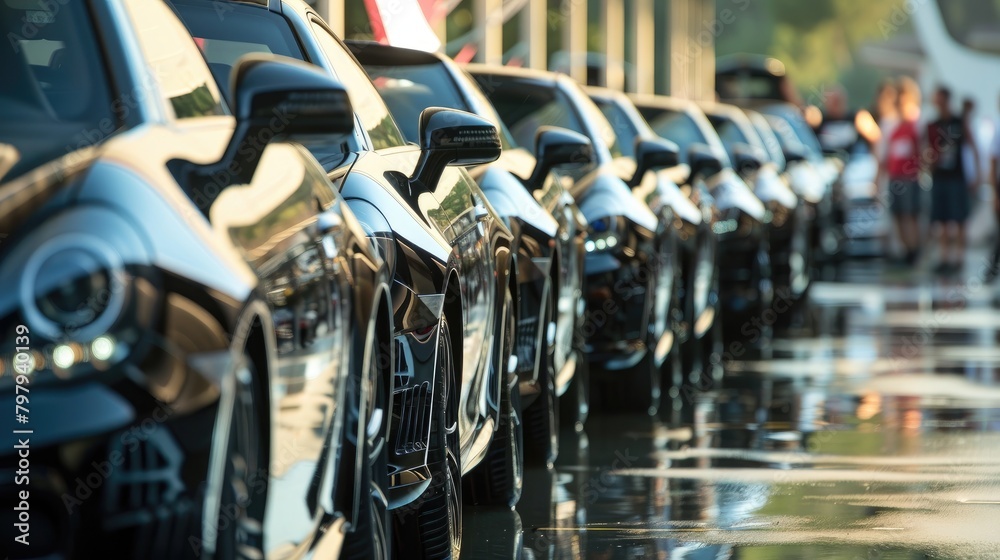 Fototapeta premium A row of cars are parked in a lot, with some of them being black, Generative AI