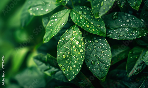 Dew on Lush Green Leaves - A Top View