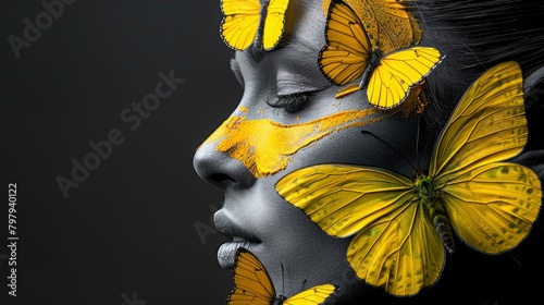 A woman with yellow butterflies on her face against a black background, in the style of dark grey and light amber, black paintings in the style of dark gray and silver, fawncore style photo