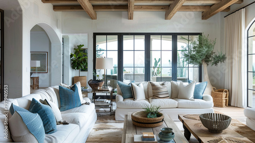 Modern Mediterranean style meets sun-drenched elegance in a white sofa oasis with azure accents, rustic charm, and lush garden views. Escape to la dolce vita!