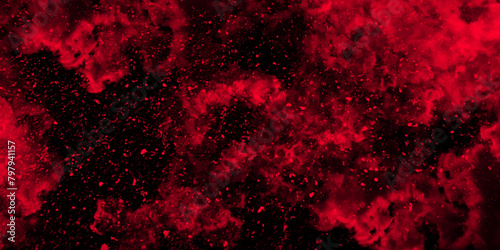 Abstract dynamic particles with soft Red clouds on dark background. Defocused Lights and Dust Particles. Watercolor wash aqua painted texture grungy design.