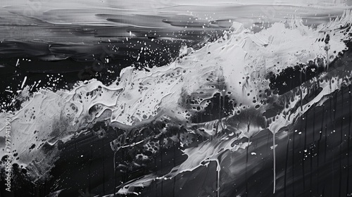 Abstract black and white painting of an ocean landscape, closeup, brush strokes, dark tones, texture, brushstrokes, oil on canvas, monochrome, brushwork