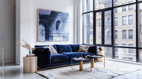 Spacious living room with navy blue sofa, light wood end tables, floor-to-ceiling windows, abstract painting, and polished concrete floors.