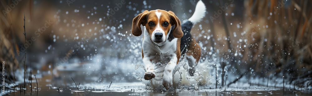 Beagle dog running energetically through water.