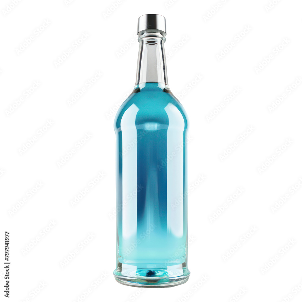 Bottle of alcohol, light silver and cyan isolate on transparent png.
Bottle of alcohol, light silver and cyan isolate on transparent png.