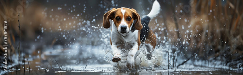 Beagle dog running energetically through water. photo
