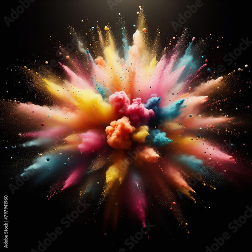  Powder Paint -Explodes   bursts into ife with Energy and Power-and Rainbow colours-black background 